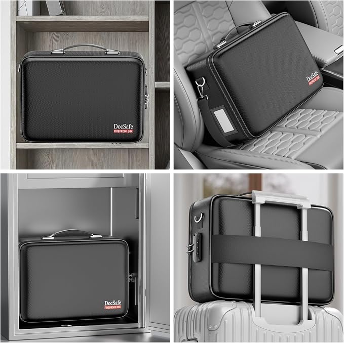 DocSafe Fireproof Document Box with Lock, Hard Case File Organizer with Accordion File Folder, Fireproof Water Resistant Safe Box Home Office Travel Storage for Important Documents Laptop Black
