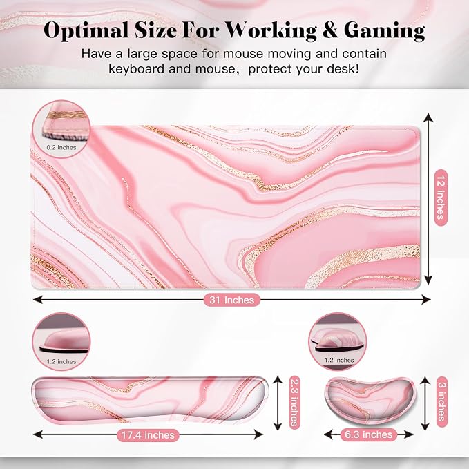 Gimars 4 in 1 Mouse Pad and Keyboard Wrist Rest Set, Large Mouse Pad with Memory Foam Wrist Support Pad for Desk with Coaster, Easy Typing Pain Relief, Gaming Office Home, 31.5x12 inch, Pink Golden