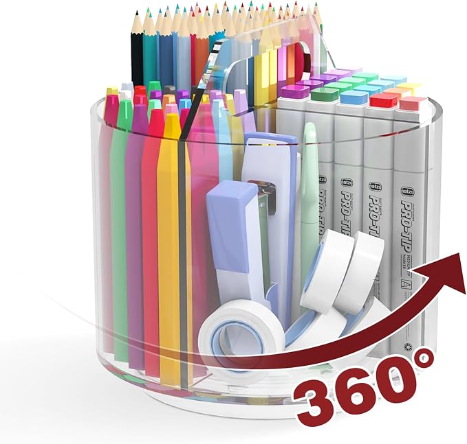 Absonic Pencil Holder for Kids, 360 Rotating Pen Holder for Desk Organizer and Storage, 4 Compartments Art Supply Marker Organizer, Acrylic Kids Desk Organizer for School Lazy Susan Organizer