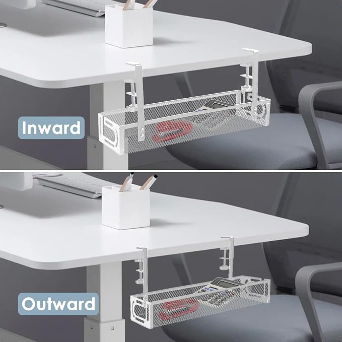 Under Desk Cable Management Tray, Cable Management Under Desk No Drill, Wire Management Tray with Clamp, Cord Organizer for Home Office, White