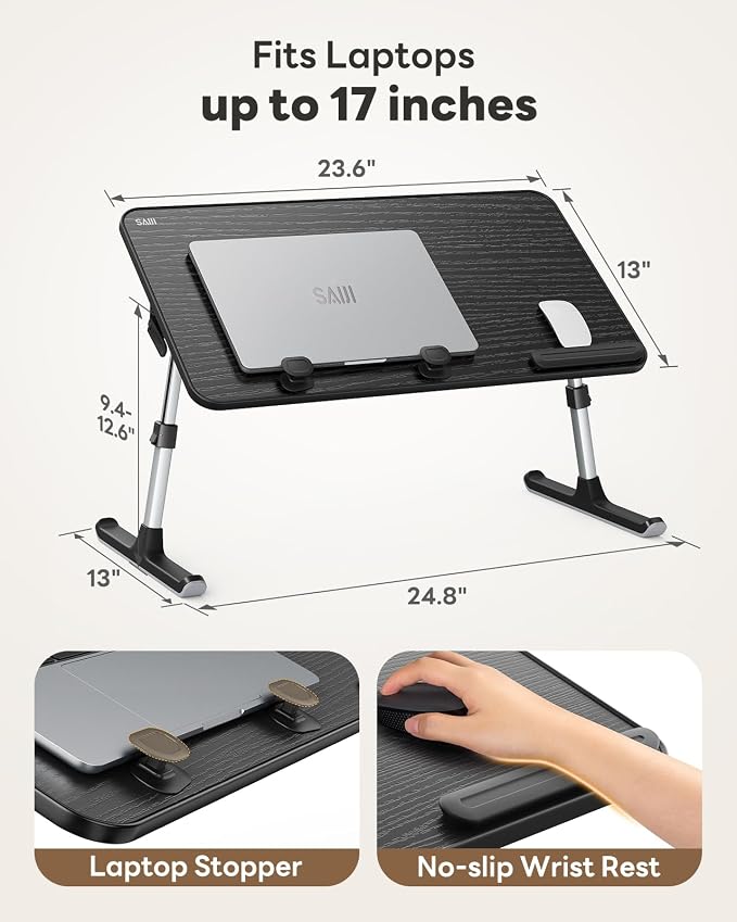 Desk, Table, SAIJI Adjustable Laptop Stand, Breakfast Tray, 5 Heights, 4 Angles, Stable Folding Table for Bed Sofa Desk, Suitable for Laptops up to 17 Inches (60 x 33 cm Black)