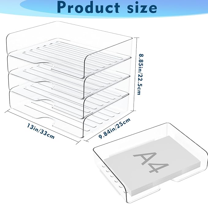 Paper Organizer Letter Tray, 4 Pack Acrylic Stackable Desk File Organizer,Versatile Clear Office Organizer for File Paper, Ipad, Letter, A4 Office File, Books, Notes, Etc