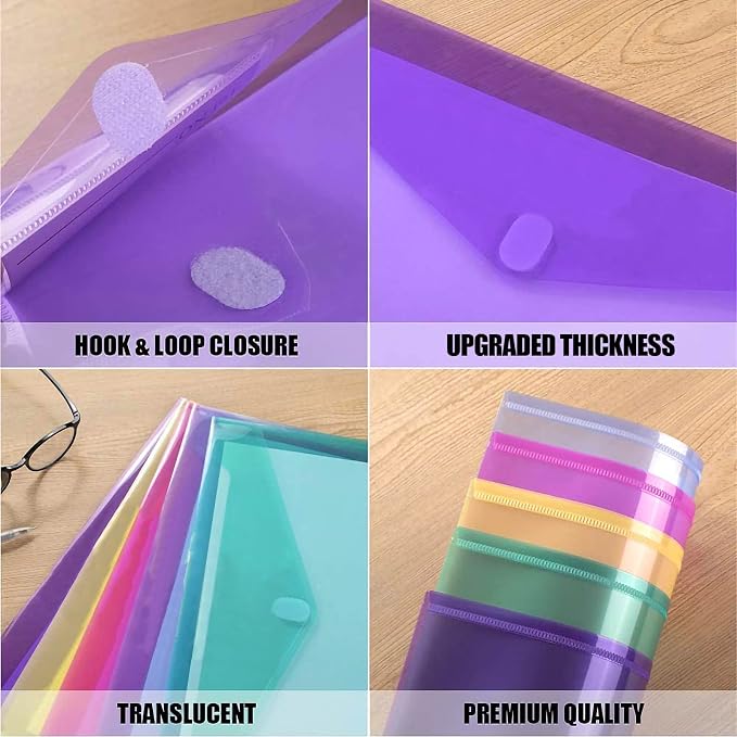 Sooez 48 Pack File Folders, Clear Poly Envelopes Plastic Folders, Folder for Documents Letter A4 Size with Label Pocket, Teacher School Office Supplies Organization Storage, Assorted Color