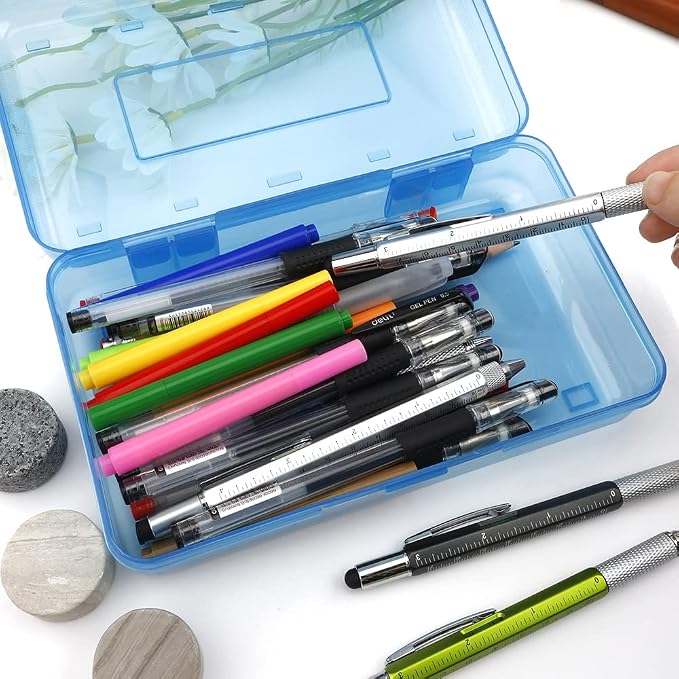 Pencil Box, Large Capacity Clear Pencil Case, 1 Pack Hard Pencil Case, Clear Crayon Box with Snap-tight Lid Stackable Design, Plastic Storage Box for Office Supplies, Blue
