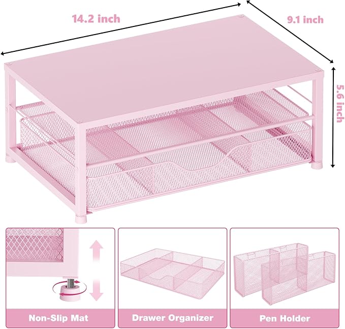 OPNICE Desk Organizers and Accessories, 2-Tier Computer Monitor Stand Riser with Drawer and 2 Pen Holders, Laptop Stand, Office Desk Accessories & Office Decor for Women, Pink