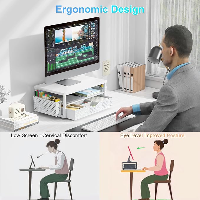 gianotter Desk Organizers and Accessories, Monitor Stand with Drawer and 2 Pen Holder, Desktop Organizer Suitable for Offices and Dormitories (White-Plain)