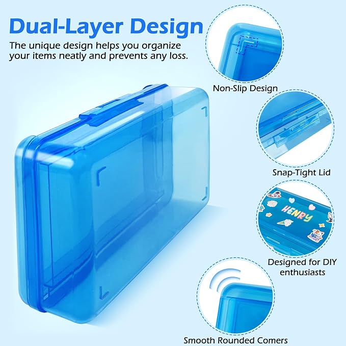 Double Layer Clear Hard Pencil Cases,Plastic Personalized Pencil Box with Snap-Tight Lid for Pen, Pencils, School Office Supplies Marker Crayon Organizer Storage Box,Standard Size (Blue)