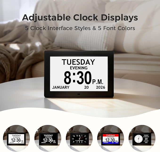 10.1'' Digital Clock With Date And Time, Dementia Clock, Large Display Alarm Clock For Seniors, 10Reminders, 6Alarms, Auto-Dimming, Auto DST, Remote Control, Gifts For People With Dementia, Black