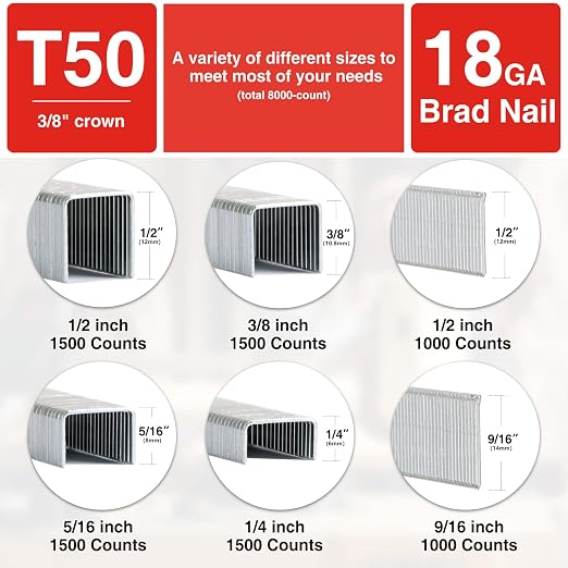 SHALL Heavy Duty T50 Staples and 18GA Brad Nails Combo Kit, 8000-Count, Four Sizes of T50 Staples for Staple Gun Including 1/4, 5/16, 3/8, 1/2 Inch and Two Sizes of Brad Nails Including 1/2, 9/16 Inch