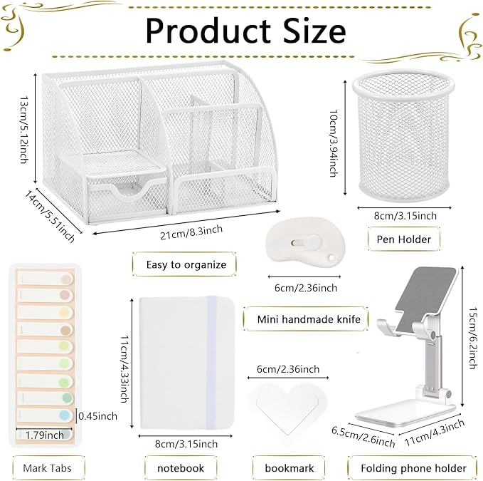 Office Supplies,Desk Accessories,Stapler and Tape Dispenser Set,1000 Staples,Staple Remover,Pen Holder,Folding Phone Holder,Journal Notebook,Ballpoint Pen,Scissor,Ruler,Clear Tape,Sticky Notes,Ect
