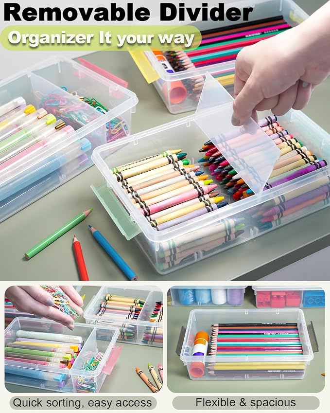 12 Pack Extra Large Pencil Box with Removable Divider, Thickened Pencil Case Bulk, Clear Crayon Marker Organizer Stackable Plastic Small Storage Containers for Pen Craft School Supplies, Multi