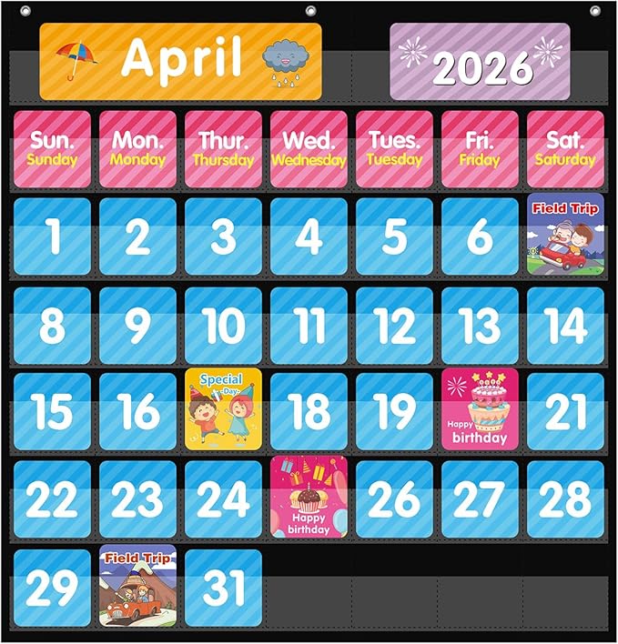 REGELETO Large 44 Pockets Calendar Pocket Chart for Classroom with 85 Cards, Size:25” X 24” Monthly Calendar and Weather Black Pocket Chart for Students Learning for Home or School (44 Pockets)