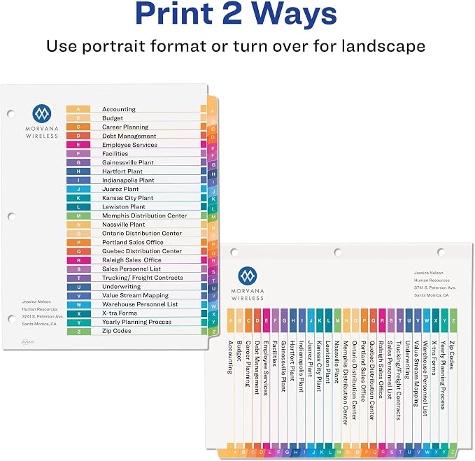 Avery A-Z Dividers for 3 Ring Binders,26 Tabs per Set,Customizable Table of Contents,Multicolor Tabs,Great for Organizing Reports,Projects,and More (11125),(Pack of 12)