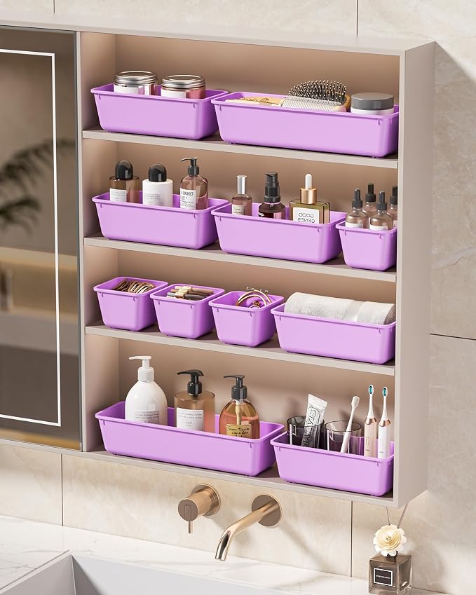 KEMETHY 25 PCS Plastic Drawer Organizers Set, 4 Sizes Vanity Organizer, Makeup and Desk Drawer Organizer Trays, Organization and Storage for Makeup, Bathroom, Kitchen Utensils and Office (Purple)