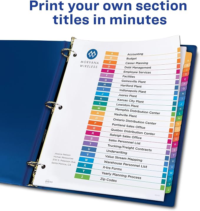 Avery A-Z Dividers for 3 Ring Binders,26 Tabs per Set,Customizable Table of Contents,Multicolor Tabs,Great for Organizing Reports,Projects,and More (11125),(Pack of 12)