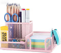 M&G Mesh Pen Holder Desk Organizers Pencil Holder for Desk Pink, 3 Compartments Metal Office Supply Organizer with Sticky Notes Holder for Home Office