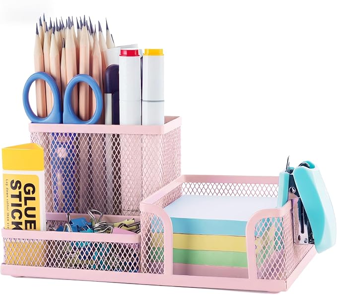 M&G Mesh Pen Holder Desk Organizers Pencil Holder for Desk Pink, 3 Compartments Metal Office Supply Organizer with Sticky Notes Holder for Home Office