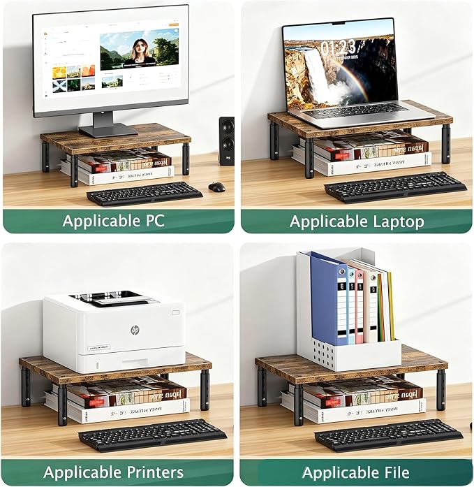 OPNICE Adjustable Monitor Stand Riser for Desk, Computer & Laptop Stand, Desk Organizers and Accessories, Office Desk Accessories & Workspace Organizer for Home Office, Brown Wood 2-Pack