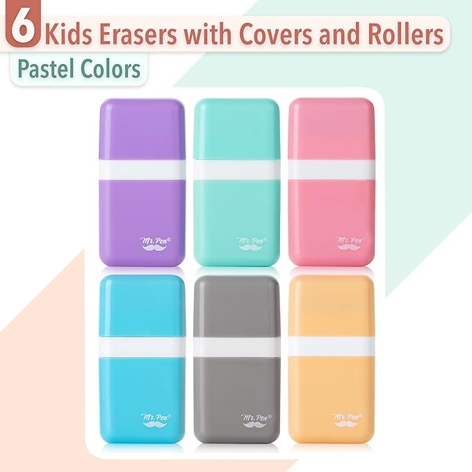 Mr. Pen- Eraser with Cover and Roller, 6 Pack, Pastel Colors | Cute Erasers for Kids