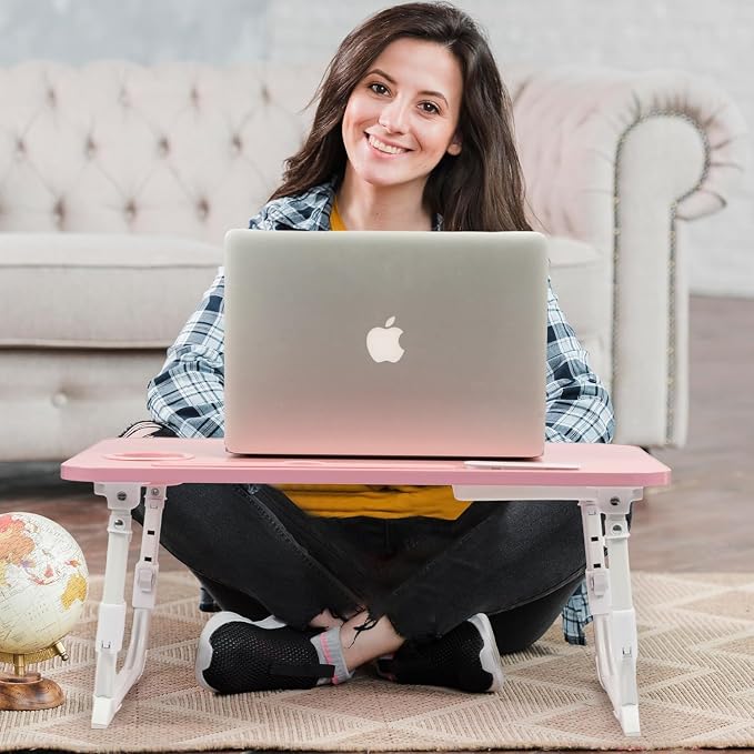 Lap Desk for Bed, Adjustable Laptop Desk with USB Charging Port, Storage Drawer & Bookshelf — Foldable Bed Desk for WFH & Students, 23.6" Desktop Fits 20" Laptop, Non-Slip, Pink