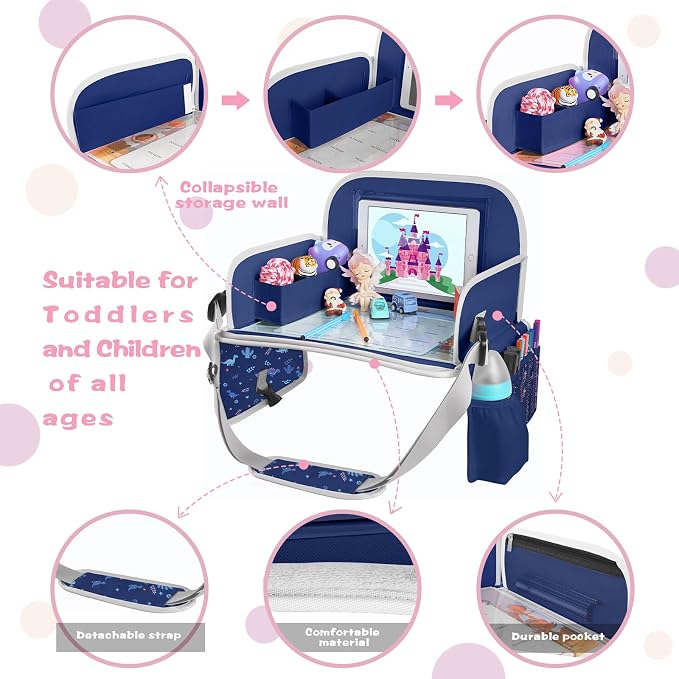 MENZOKE Kids Travel Tray for Toddler Car Seat, Toddler Gift for Boy Activities with Dry Erase Board & iPad Holder Stand, Road Trip Essentials Accessories Lap Tray for Boy as Birthday Gift, Dark Blue