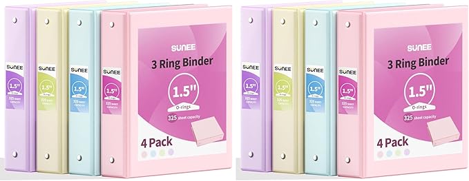 SUNEE 1.5 Inch Binders 3 Ring 8 Pack, Clear View 1 1/2 Inch Binders Three Ring PVC-Free (Fit 8.5x11 Inches) for School or Office Supplies, Assorted Pastel