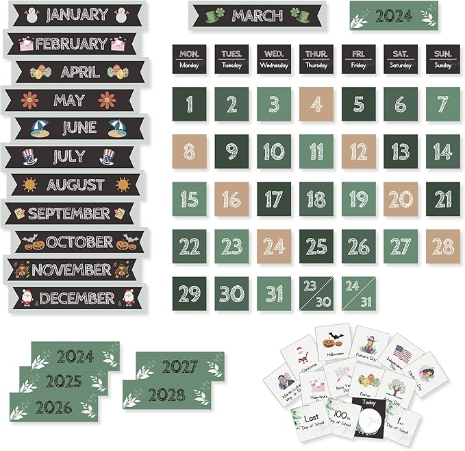 Eamay Boho Greenery Calendar Pocket Chart with 82 Cards for Kids Learning,Classroom and Home School Décor
