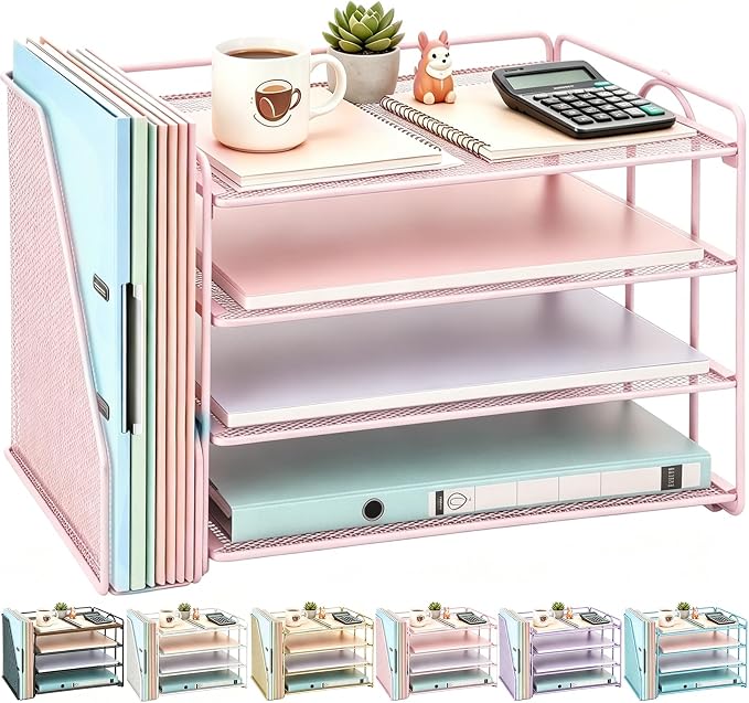 gianotter 4-Tier Paper Organizer With Magazine Holder, Desk Organizers and Accessories, Desk Accessories & Workspace Organizers, File Organizer for Office Supplies Storag (Pink, 4-Tier)