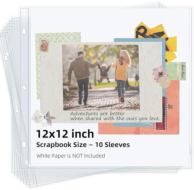 Vienrose Scrapbook Refill Pages 12x12, 10 Pack Heavyweight Clear Page Protectors for 3 Ring Binders, Top Loading Plastic Sleeves for Scrapbook Albums & Photo Storage (No Paper Inserts, Acid Free)