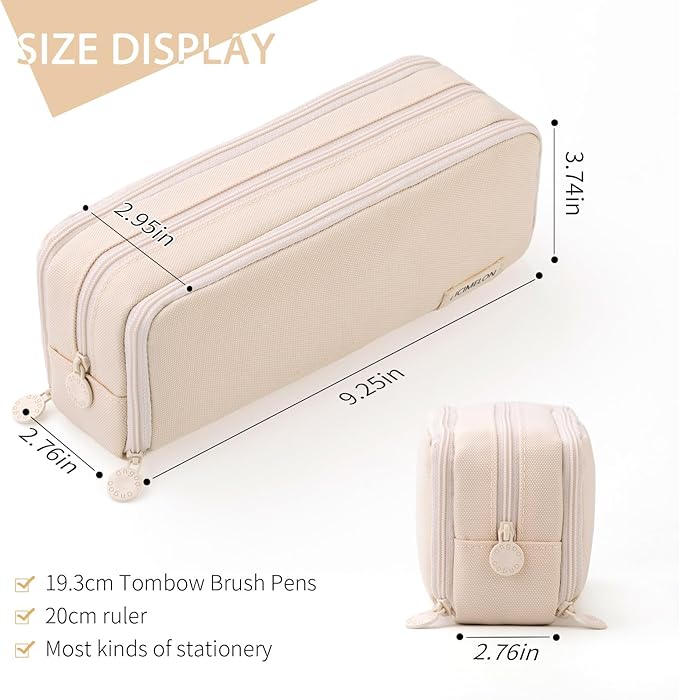 CICIMELON Large Capacity Pencil Case 3 Compartment Pouch Pen Bag for School Teen Girl Boy Men Women (Beige)