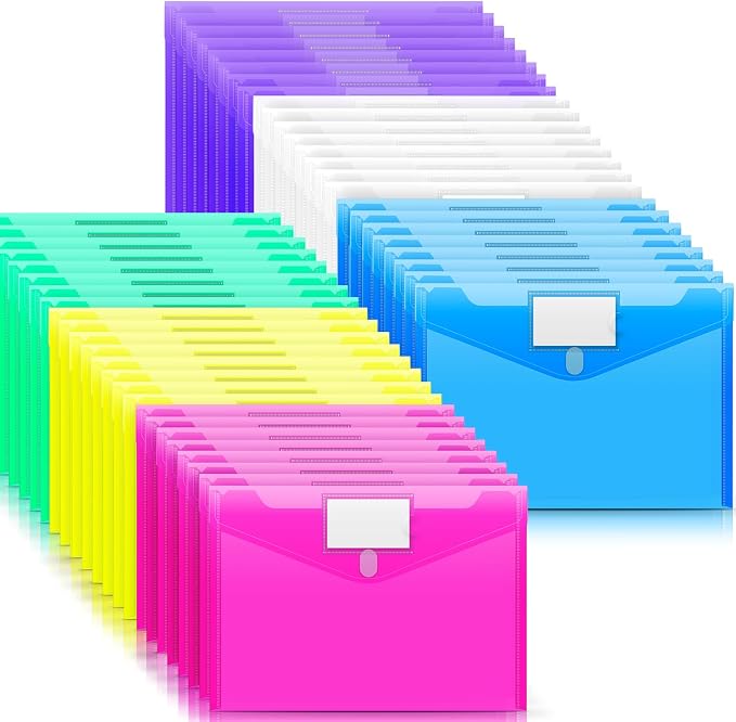 Sooez 48 Pack File Folders, Clear Poly Envelopes Plastic Folders, Folder for Documents Letter A4 Size with Label Pocket, Teacher School Office Supplies Organization Storage, Assorted Color