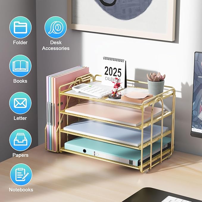 gianotter 4-Tier Paper Organizer With Magazine Holder, Desk Organizers and Accessories, Desk Accessories & Workspace Organizers, File Organizer for Office Supplies Storag (Gold, 4-Tier)