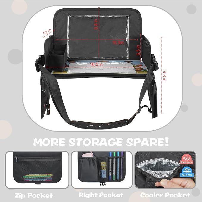 MENZOKЕ Kids Travel Tray, Road Trip Activities for Kids Toddlers | Toddler Car Activities with No-Drop iPad Holder Stand, Roadtrip Essentials with Dry Erase Board & Cooler Cup Holder, Black