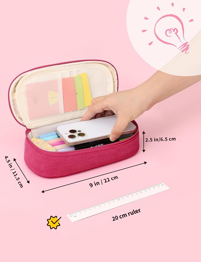 SUNEE Cute Pencil Case, Large Pencil Pouch, Soft Corduroy Fabric Big Pencil Bag with Zipper, Kawaii Pen Bag Stationery Storage and Organizer, School Supplies for Teen, Student, Boys, Girls, Berry Pink