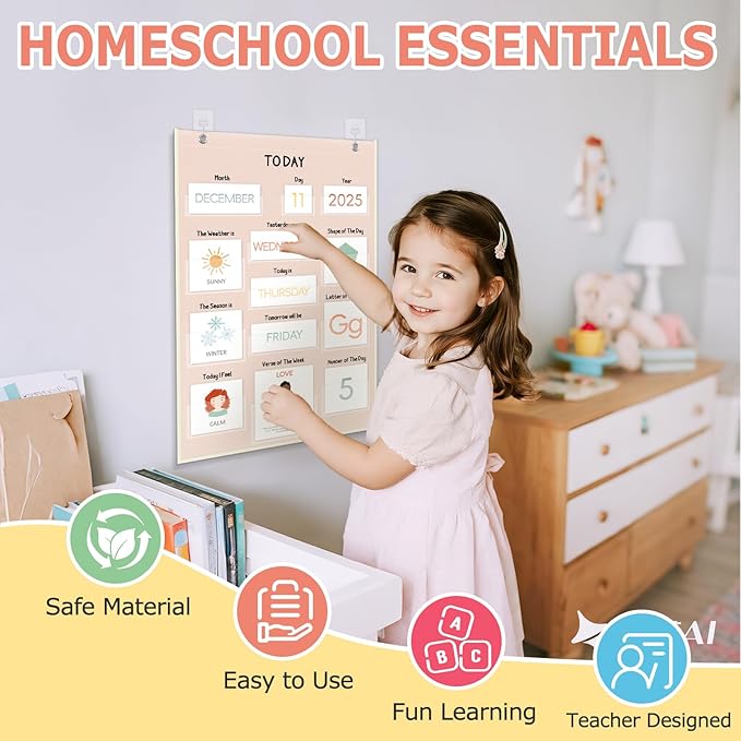 ALSLEA All About Today Calendar and Weather Pocket Chart, 21½" x 14¼" Small Boho Calendar for Kids, Preschool Circle Time Learning Center Toddler Learning Activities Chart, Homeschool Teacher Essentials 155 Cards