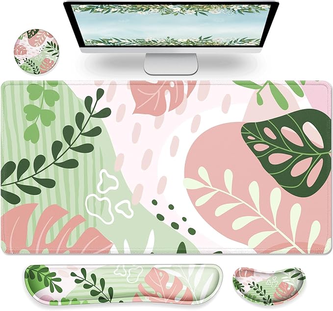 Gimars 4 in 1 Mouse Pad and Keyboard Wrist Rest Set, Large Mouse Pad with Memory Foam Wrist Support Pad for Desk with Coaster, Easy Typing Pain Relief, Gaming Office Home, 31.5x12 inch, Morandi Pink