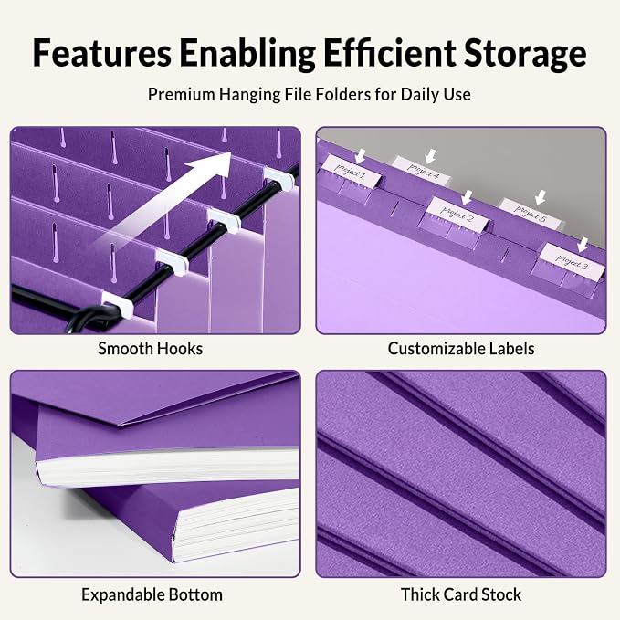 SUNEE 25 Pack Hanging File Folders, Purple Folders, Hanging File Folders Letter Size with 1/5-cut Tabs, Stay Organized for Your Home and Office Bulk File and Documents