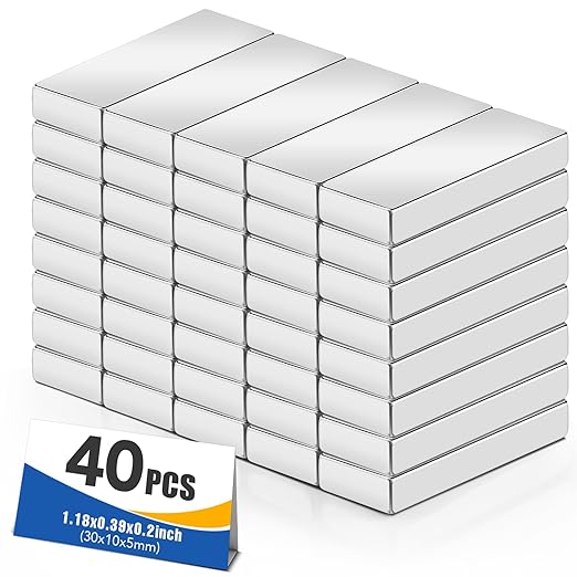 MIKEDE 40 Pack Neodymium Bar Magnets with Adhesive Backing 30x10x5mm Silver | Fridge Magnetic Strips Refrigerator Blocks Crafts Extra Super Sticky Bar for Science Experiments Classroom Craft Office