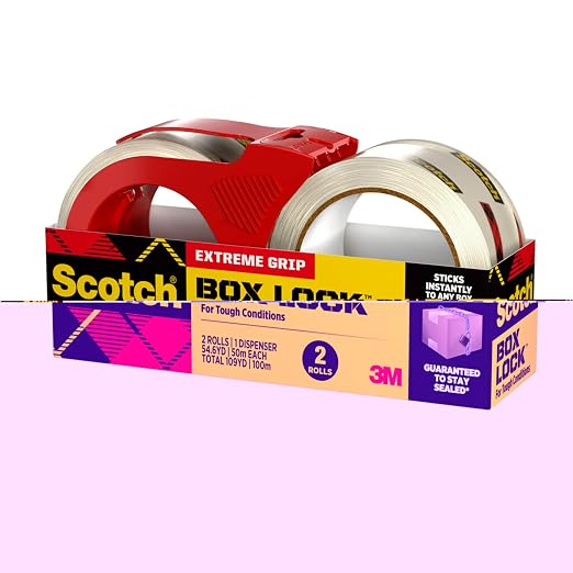 Scotch Box Lock Packaging Tape, 2 Rolls with 1 Refillable Dispenser, 1.88 in x 54.6 yd, Extreme Grip, Sticks Instantly to Any Box (Pack of 6)