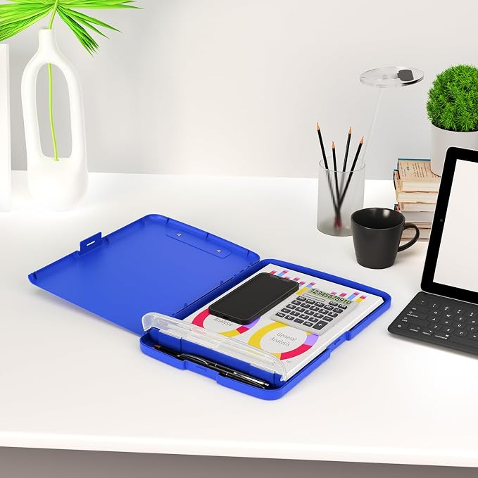 Piasoenc Clipboard with Storage, 8.5 x 11 Organization Box with Pen Holder and A4 Legal Paper Folder, Heavy Duty Plastic, Folio & Side-Opening, Low Profile Clip for Nurses, Teachers,Deep Lake Blue
