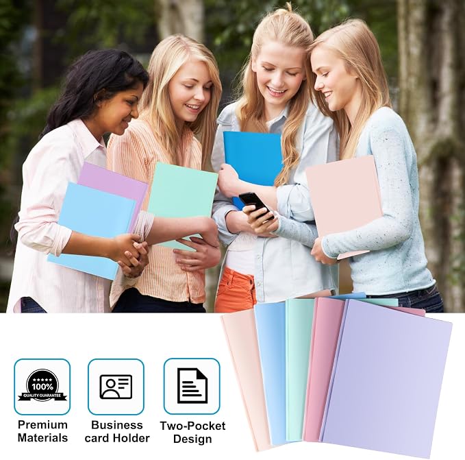 HABGP Two Pocket Folder with Prongs (15 Pack, Pastel Colors), Plastic Folders with Pockets and Business Card Holder, Folders with Pocket Fit Letter Size, Organizing Papers in School, Office & Business