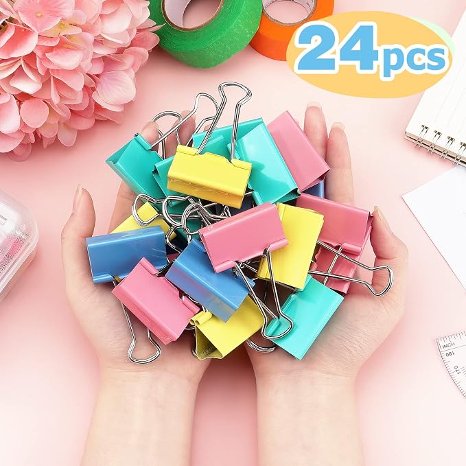 ZZTX 24 Pack Large Binder Clips 1.6 Inches Assorted Colors | Paper Clamps Clips, Durable steel, Strong clip, Color-coded