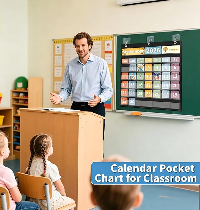 Yoink 45 Pockets Classroom Calendar Pocket Chart for Kids Learning - Monthly Calendar with Durable Fabric, Homeschool and Teacher Supplies, Preschool Kindergarten Wall Decor, Only Chart (Black)