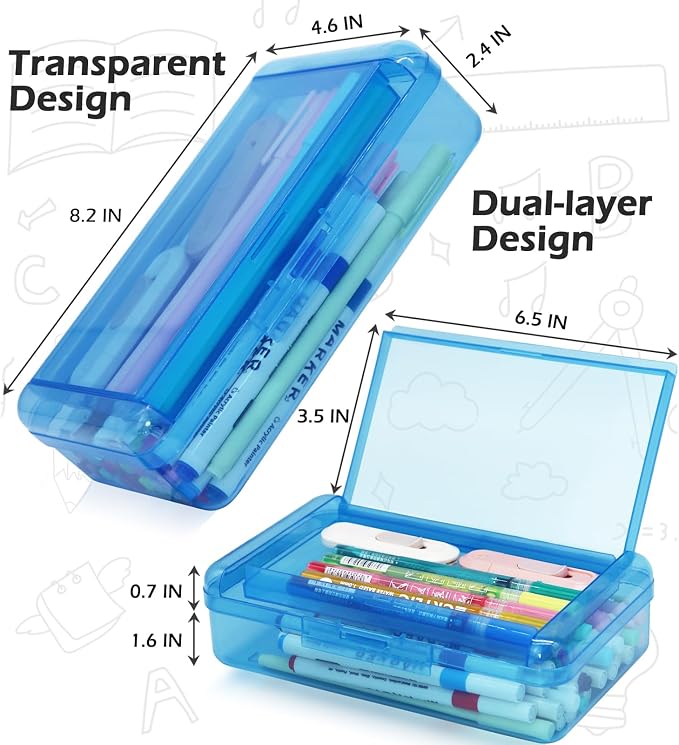 Double Layer Clear Hard Pencil Cases,Plastic Personalized Pencil Box with Snap-Tight Lid for Pen, Pencils, School Office Supplies Marker Crayon Organizer Storage Box,Standard Size (Clear)