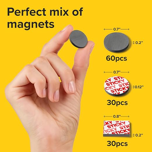 Strong Ceramic Round and Square Magnets with Adhesive Backing (3 Sizes Mix, 120 pcs) – Heavy Duty Sticky Magnets, Non-Corrosive, Versatile for Home, Office, Workshop, Whiteboard, Fridge and Hobby Use
