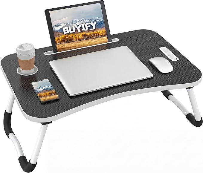 BUYIFY 23" Foldable Lap Desk for Laptop Writing w/Cup Holder Black | Sturdy and Durable, Laptop Bed Desk with Tablet Slot, No Assembly, Space Saving for Bed Couch Dorm WFH Students