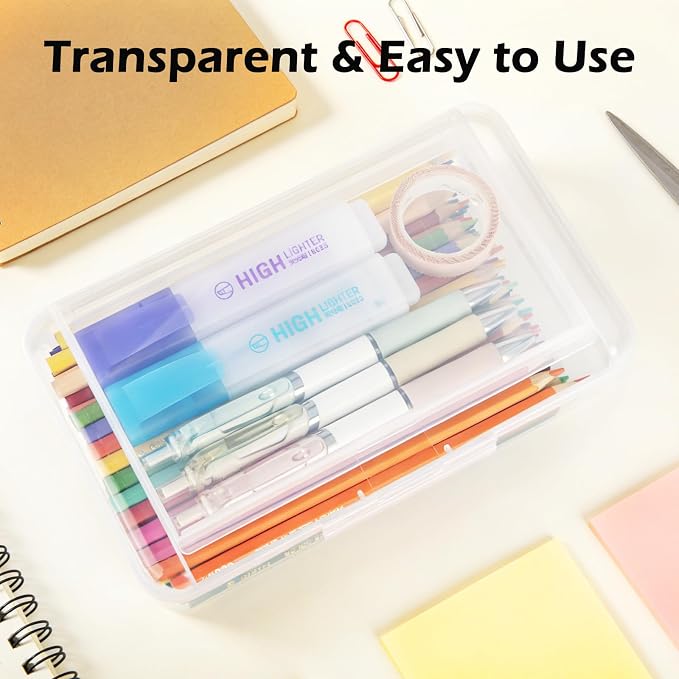 Double Layer Clear Hard Pencil Cases ,Plastic Personalized Pencil Box with Snap-Tight Lid for Pen, Pencils, School Office Supplies Marker Crayon Organizer Storage Box,Standard Size (Light Purple)