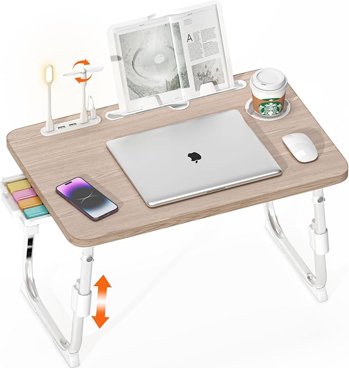 Lap Desk for Bed, Adjustable Laptop Desk with USB Charging Port, Storage Drawer & Bookshelf — Foldable Bed Desk for WFH & Students, 23.6" Desktop Fits 18" Laptop, Non-Slip, Glacier
