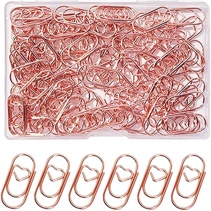 100 Pack Love Heart Shaped Paper Clips, Mini Paperclips Papers, 0.8inch Small Paper Clips for Office School Home Desk Organizers (Rose Gold)