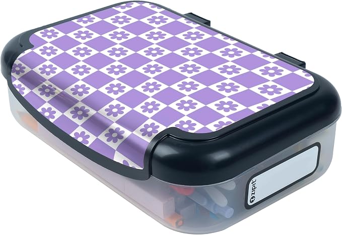 ZIPIT Recycled Plastic Pencil Box for Girls, Large Capacity Pencil Case for School, Durable Stationery Organizer Box, Purple Checkers